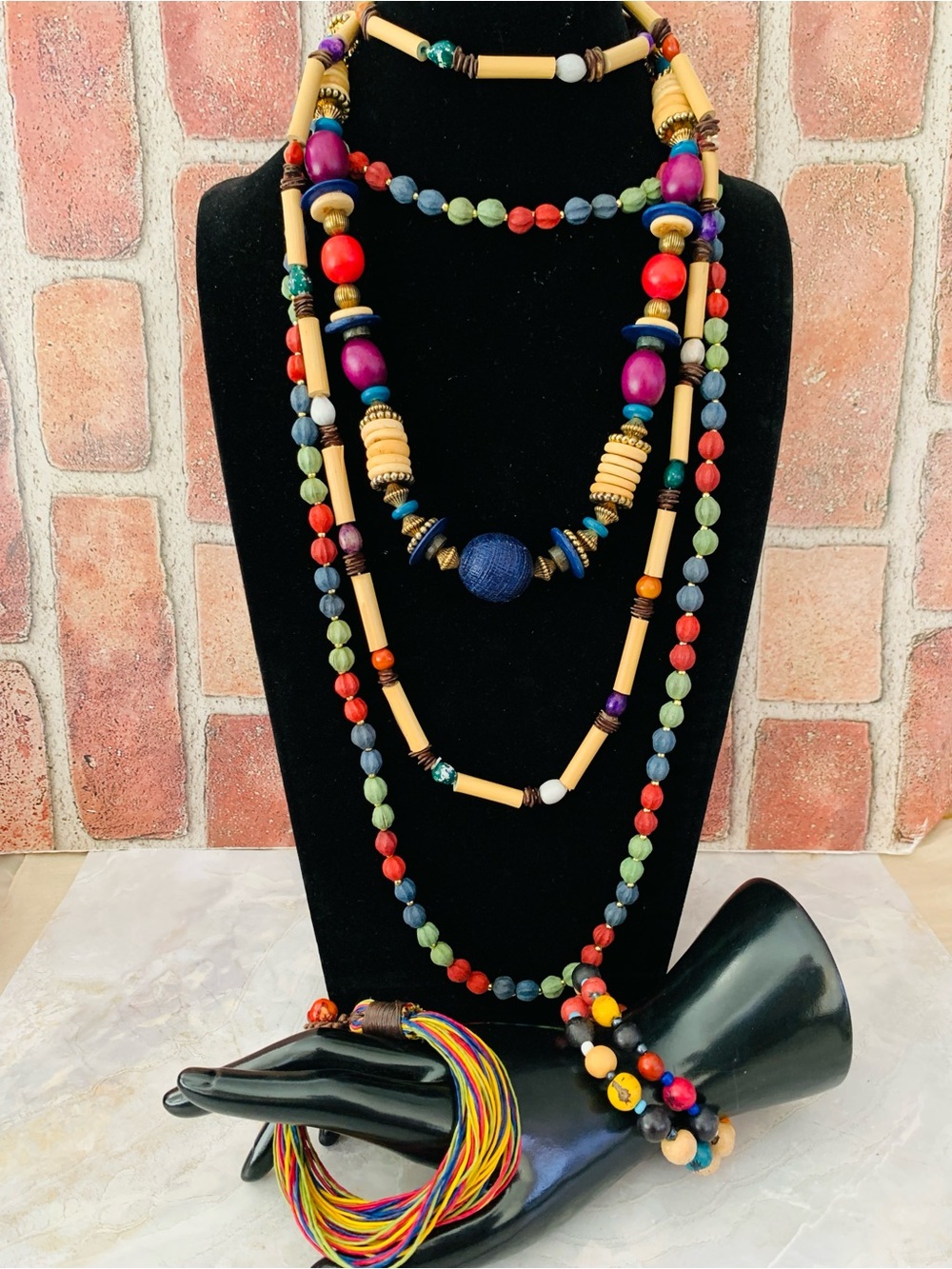 Vintage Multicolor Wood Bead Layered Necklace Bracelet Set